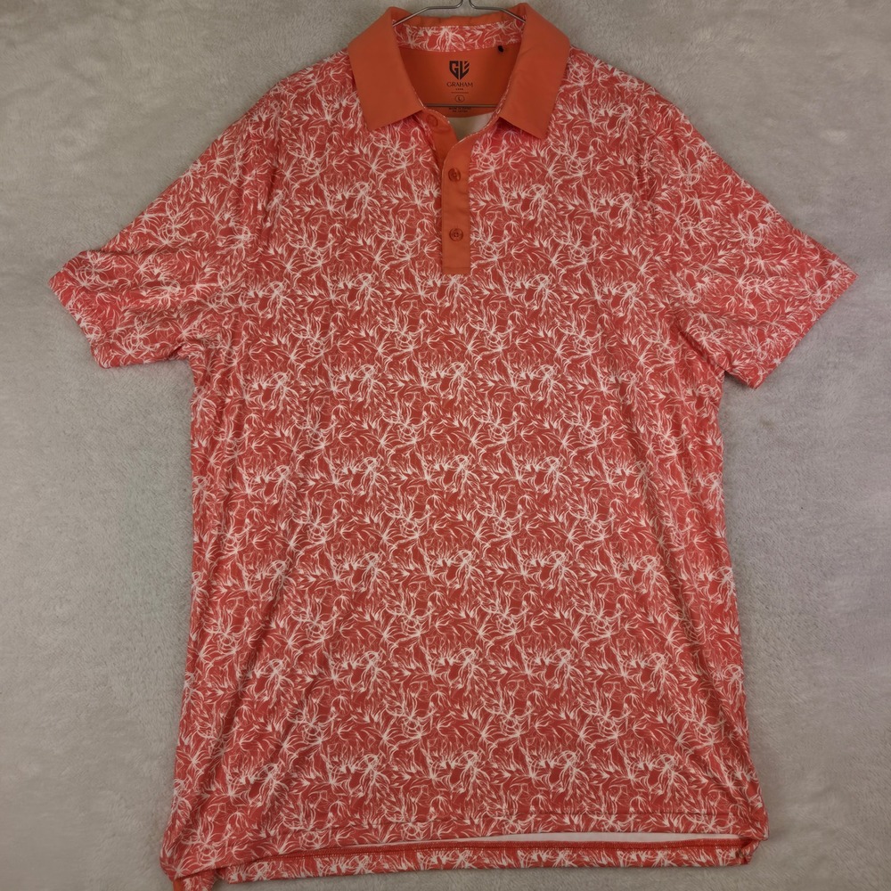 Graham Luxe Mens Orange White Floral Print Performance Golf Polo Shirt Large